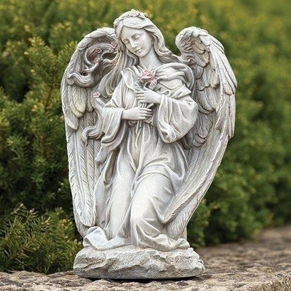 Angel Kneeling Holding Roses Memorial Statue